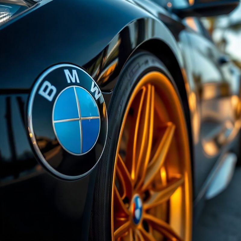 Detalhe de sedan BMW preto com destaque de roda em tom amber-gold