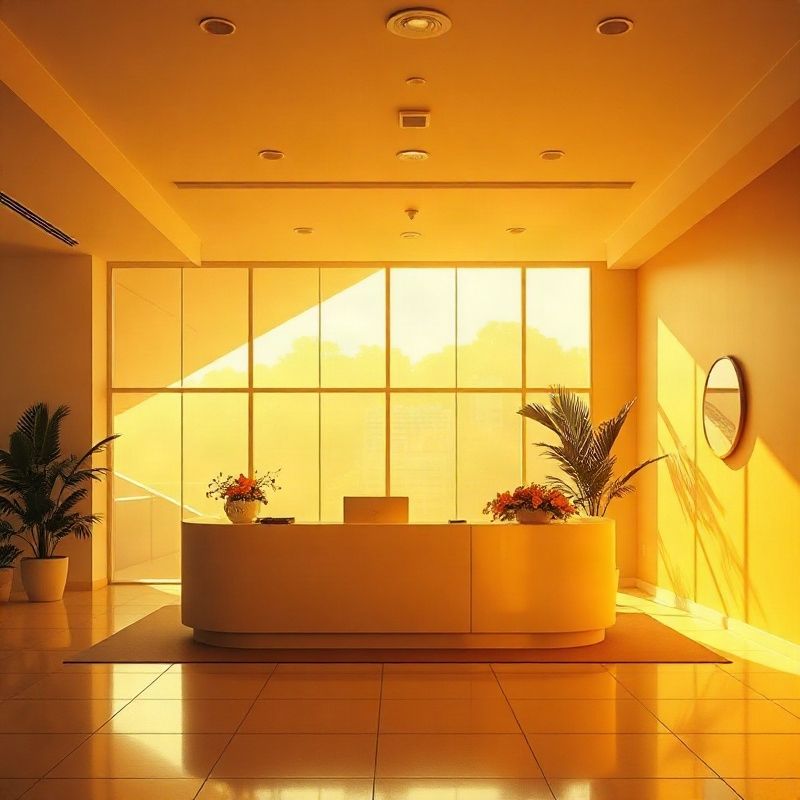 Recepção minimalista em tons amber-gold da locadora Lumenkstone